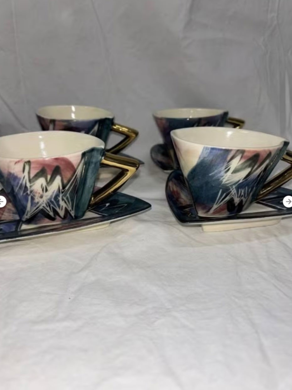 Vintage 1980's Ceramic Abstract Pattern Teacup and Saucer Set - Blue/Pink